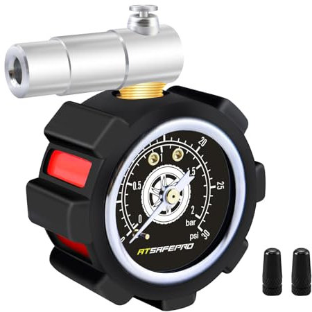Medidor de presión de neumáticos de bicicleta de montaña de válvula atsafepro presta Reino Unido - 0-30psi / 0-2bar de doble escala, liberación de presión atmosférica
