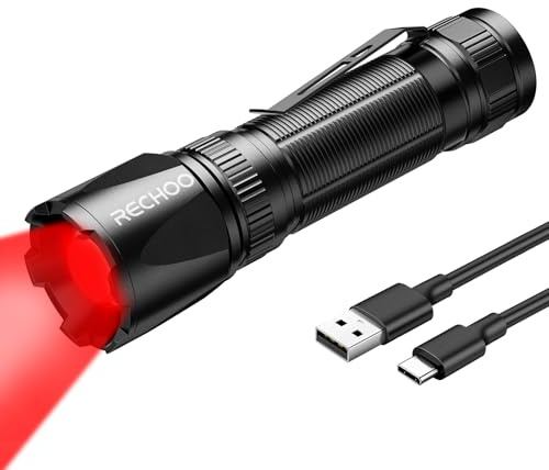 RECHOO Red Light Flashlight, 3 Modes High Power, Rechargeable Red LED Flashlight with Clip and Lanyard, Zoomable Red Flashlights and Portable for Hunting, Astronomy, Aviation, Night Observation