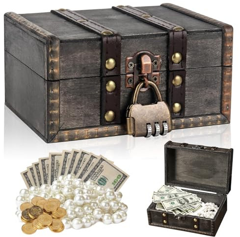 Idota Schatztruhe Holz, Vintage Schatzkiste mit Zahlenschloss Klein Piratenschatztruhe Holz Aufbewahrung Schatzkiste Schmuckkästchen mit Deckel Schatzkiste Kindergeburtstag (15x12x8cm, Grau)