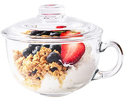 SIQITECHUK 560ml Glass Cereal Bowl with Handle and Glass Lid Thicken Transparent Bowl Microwavable Cereal Milk Bowl Coffee Bowl with Ice or Hot Water at Home Office