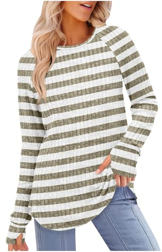 Long Sleeve Sweaters for Women 2024 Striped Color Block Casual Crewneck Tops Basic Pullover Winter Fashion Clothes Amazon Outlet Clearance Khaki XXL