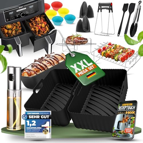 KNUSPERLIEBE® Ninja Heißluftfritteuse Zubehör Set | 24 Teilig | mit Ölsprüher uvm. XXL Airfryer für Foodi AF300EU,AF400EU, AF451 7,6L-9.5L und Dual Zone Air Fryer, BPA-Frei | Air Fryer Accessories
