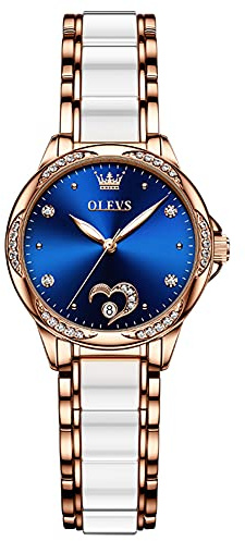 OLEVS Automatic Watch for Women Self Winding Mechanical Ladies Diamond Wrist Watch Luxury Dress Rose Gold Ceramic Watch for Women Love Heart Date