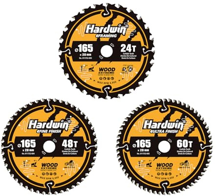 Hardwin Lot de 3 Lames Scie Circulaire 165x20mm (24, 48, 60 Dents) Carbure, Trait 1.8mm, pour Tout Type de Bois, Bois Massif, MDF et Stratifié, avec Bagues 16mm, Makita