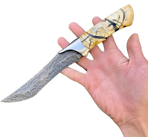 Obespina Couteau Artisanal Lame Fixe Acier Damas Plume Fossile Collection Unique Exceptionnel Art Luxe Fabriqué Main France Damascus Prestige Création Artisanat Tradition Qualité