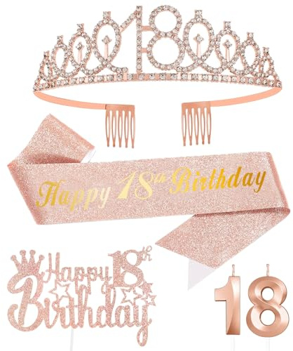 Rose Gold 18. Geburtstag Mädchen Deko, Geburtstag Krone und Schärpe, Happy Birthday Tortendeko,Kerze Geburtstag,Geburtstagsdeko Mädchen und Damen 18 Party Dekoration