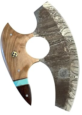 H-RAF Couteau Ulu Artisanal avec Lame en Acier Damas, Manche en Bois et Insert Bleu (Marron Ulu-2)