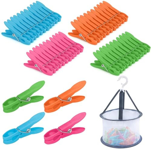 STFYUG 48 Pince a Linge avec 2 Panier Pince à Linge, Epingle a Linge, Pinces à Linge Extérieur Solides, Pinces Agrippantes en Plastique Recyclé pour Corde à Linge Et Étendoir