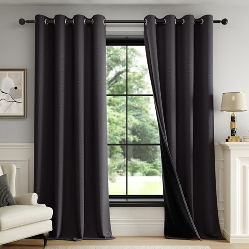 FMFUNCTEX 100% Blackout Curtains for Bedroom, Black Curtains 108 Inches Long Textured Thermal Insulated Curtains for Living Room Drapes, Black Out Drapery Grommet Room Darkening 2 Panels
