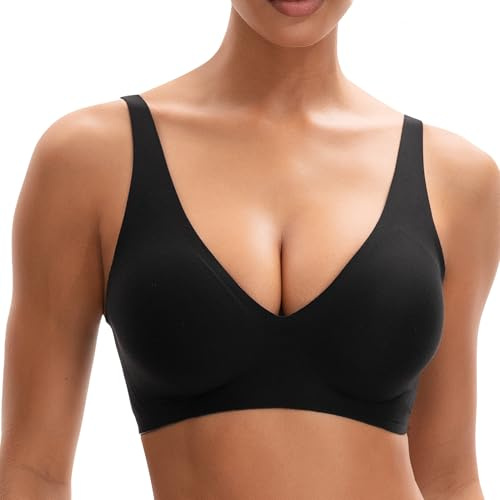 INNERSY Black Bras for Women Seamless Support Bra Deep V Non Wired Ladies Bralette Soft T Shirt Bra (L, Black)