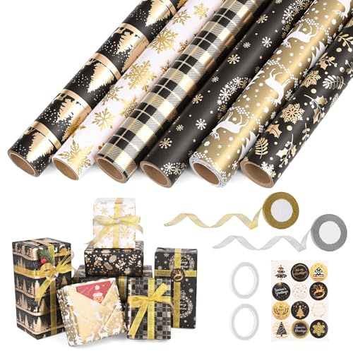 6 rullar julklappspapper, GuKKK 43 cm x 3 m presentpapper jul rullar set kraftpapper julpapper med presentetiketter presentband för jul presentförpackning