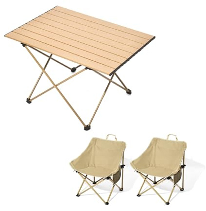 HBOOMOEM Faltbarer Campingtisch Und StüHle Set，Tragbarer Picknicktisch Mit StüHlen ，Leicht Und Einfach Zu Tragen, Geeignet Zum Wandern, FüR Den Strand Und Zum Grillen.(Khaki,68CM+2 Upgraded Chairs)
