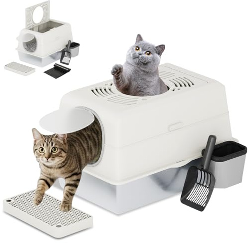 YODOLLA XXL Katzentoilette, Edelstahl Katzenklo mit Deckel, Schaufel und Pedal, Dichtesign für Große Katzen, 60x40x38cm (Weiß)