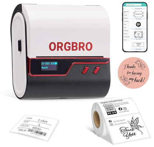 ORGBRO Etichettatrice, Z3 Termica Stampante Etichette Adesive Mini Stampante per Codici a Barre per Gioielleria, Supermercati e Piccole Imprese con 1 Rotolo di Etichette Bianche 50x30 mm, Rosso