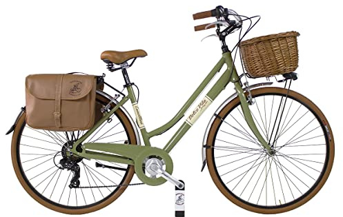 Dolce Vita By Canellini Vintage Oldstyle aluminium damcykel med väskor och korg (olivgrön, M)