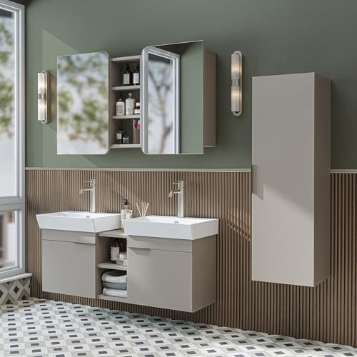 ROOMART LYCIA - Set di mobili da bagno, 120 cm, 4 pezzi, con lavabo in ceramica, armadietto a specchio e armadietto laterale, mobili da bagno in 4 colori (beige, armadietto a specchio)