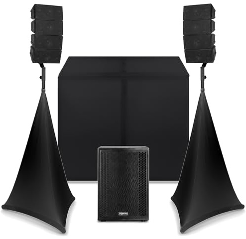 Vonyx 2.1 Line Array PA System DJ Package with 15 Inch Active Sub, 8 Top Speaker Modules, DSP Mixer, DJ Booth, Speaker Stands with Scrims for Weddings, Churches and Events