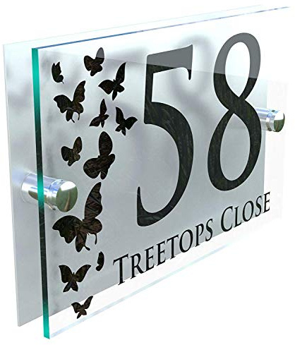 MODERN DECORATIVE BUTTERFLIES HOUSE SIGN PLAQUE DOOR NUMBER STREET GLASS EFFECT ACRYLIC ALUMINIUM NAME DECA5-28B-S-C-B1