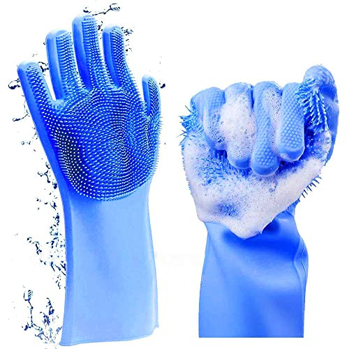 Louis Donné Magic Silicone Dishwashing Gloves with Scrubber - Reusable Rubber Scrubbing Gloves for Kitchen, Household Cleaning, Pet Grooming & Car Washing, Heat Resistant, 1 Pair
