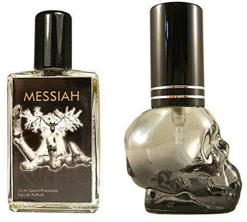 Teufelsküche Pachuli Messiah + frasco vacío de calavera Patchouly con Opi-um, Eau de Parfum para hombre, perfume gótico, mini frasco de cristal, 10 ml, patchouly gótico