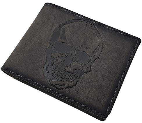 myledershop Echt Büffel-Vollleder Geldbörse/Geldbeutel/Portemonnaie/Portmonaise/Geldtasche/Portmonee in Querformat mit Totenkopf-Motiv mit RFID & NFC Schutz in Braun oder Grau (Grau)