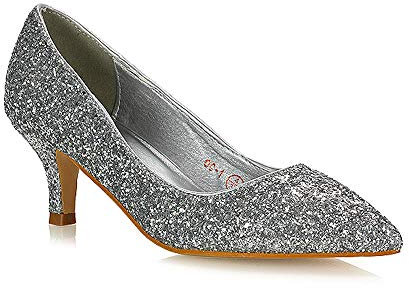 Womens Low Heel Pointed Toe Court Shoes Ladies Slip On Glitter Bridal Party Kitten Heel Pumps 3-8