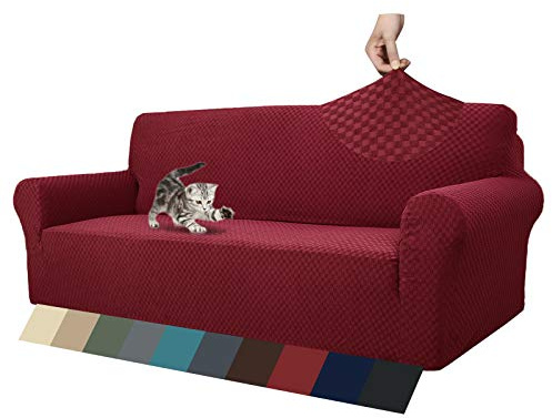 MAXIJIN Jacquard Sofabezug 3 Sitzer 1 Stück Couch Bezug rutschfest Schonbezug Sofa für Wohnzimmer Stretch-bezüge für Hunde Haustiere mit Anti-Rutsch-Schäume (3 Sitzer, Weinrot)