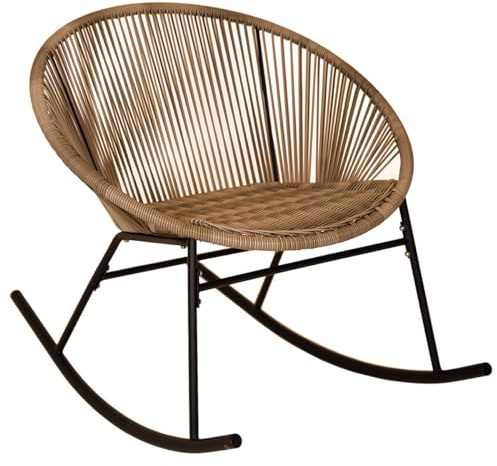 CHARLES BENTLEY Fauteuil à Bascule Zanzibar Naturel, rotin Brun PE, Cadre Acier, Finition Noire, intérieur/extérieur, Style Vintage, léger et Solide (74x77x72cm)