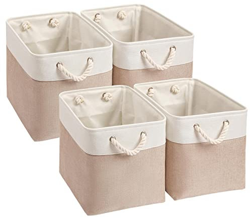 Mangata Aufbewahrungsbox,(33x38x33cm) Aufbewahrungskorb Stoff, Box in Würfel für Schrank, Regal, und Kleidung(khaki weiß, 4er Pack)