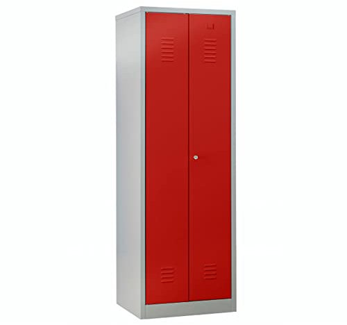Schrank & Stuhl Doppelspind mit Trennwand – zur Trennung von Arbeits- und Privatkleidung 180x60x50cm, 2 Abteile für eine Person, Zylinderschloss, Grau/Rot