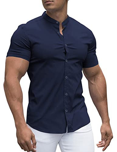 URRU Camicia da Uomo Aderente Aderente Aderente Elasticizzato a Fascia Manica Corta Casual abbottonata, Manica Corta Blu Navy, XL
