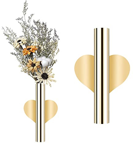 2 pcs Wall Flower Vase Tube Metal Flower Vase, Wall-Mounted Flower Tube for Flower Display,Modern Dried Flower Holder Wall Decoration for Porch Home Office Included Adhesive Material (Gold-Love)