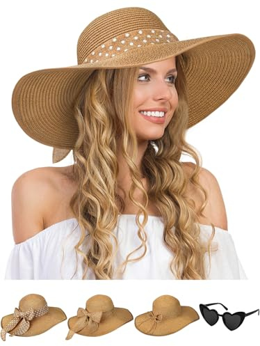 Senker Fashion Sun Hats for Women, Wide Brim Floppy Beach Straw Hat for Summer Travel Vacation Foldable with Sunglasses Khaki