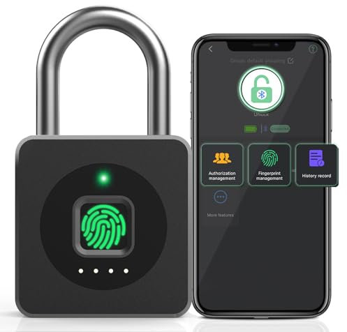 Pothunder Cadenas à empreintes digitales avec application, serrure biométrique sans clé, cadenas intelligent étanche adapté pour salle de sport, casier, portail, clôture et rangement