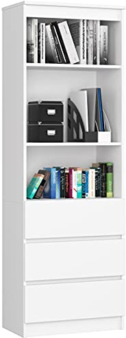 AKORD Büro-Bücherregal CLP 60 cm | 3 Schubladen 3 Einlegeböden stehend | für Schrank Wohnzimmer Schlafzimmer Bücherregale| Minimalistisch | Laminierte Platte 16 mm | White + White Front
