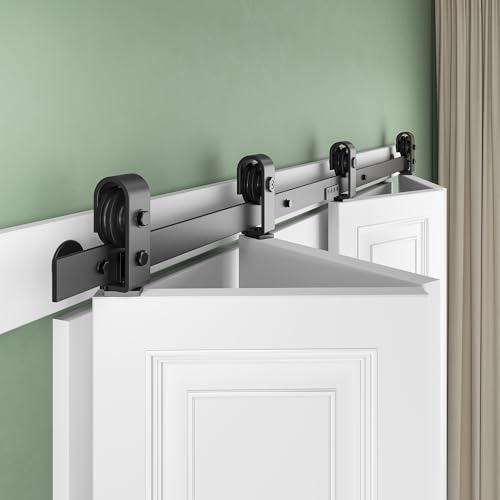 SMARTSTANDARD 64 Bifold Sliding Barn Door Hardware Kit, 5.3ft Top Mount Bi-Folding Track Kit for Four 15 Closet Pantry Laundry Doors-Smoothly and Quietly, Black [No Door]