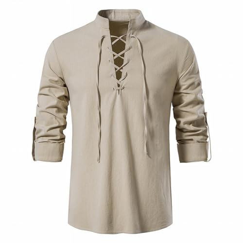 SHEYOW Hombre Camisa de Lino Retro Medieval Shirt Casual Estilo Punk Manga Larga Traje de Pirata Halloween