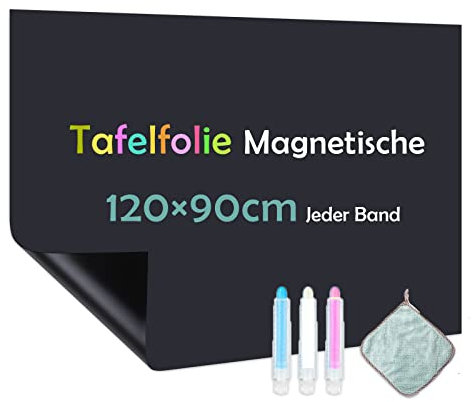 Warasee Tafelfolie Magnetisch Selbstklebend, 90 * 120cm Magnetfolie Selbstklebend Schwarz, Abwischbar Kreidefolie, Magnettafel für glatten Oberflächen in Schule Büro Haus, mit Kreidemarkern & Tuche