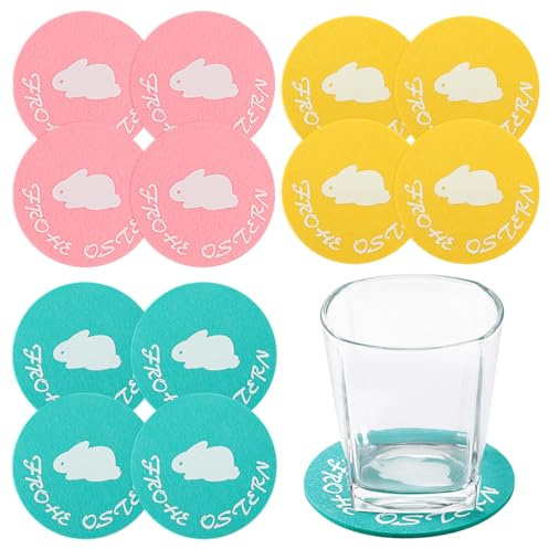 Blulu 12 Stück Ostern Runde Filzuntersetzer 10 cm Getränkeuntersetzer mit Kaninchenmuster Osterhasen Tischsets als Geschenke Osterdekoration für Tassen Tee Kaffee Frauen Männer, Rosa Grün Gelb