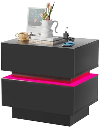 Lvhecforhm Comodino con Presa e Porta USB, Comodino con illuminazione LED Regolabile, Nero lucido Frontale, Moderno Intelligente Comodini Camera da Letto con 2 Cassetti, 45x35x47cm