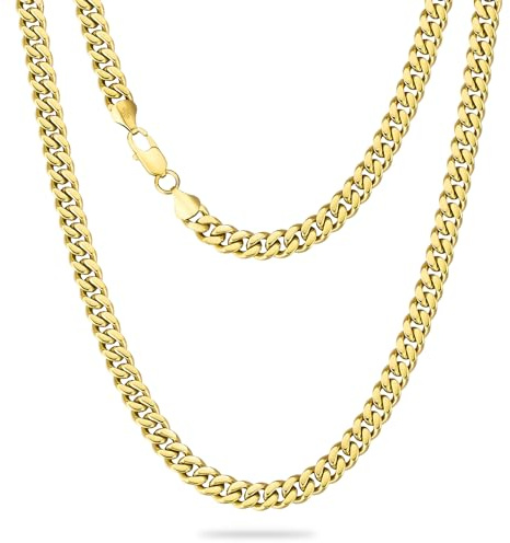 KRKC&CO Männer Halskette, 7mm Herren Edelstahl Panzerkette mit Diamantschliff, 14K Gold Vergoldet Cuban Link Chains Goldkette, Nickelfrei Halskette, Geschenke für Männer Jungen, [Länge 55,9cm]