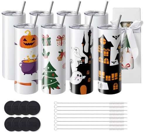 VEVOR Lot de 8 Gobelets Thermos à Sublimation de 95 cL, Fins et Droits, Bouteille Sublimable en Acier Inoxydable, Vierges, à Double Paroi, Cadeaux Personnalisés avec Couvercle et Paille, Boîte Cadeau