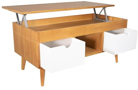 LoMasCasa - Mesa de Centro Elevable Modelo Karla 29 con 2 Cajones Deslizantes, Hueco Central, Madera Maciza de Pino Natural en Color Cerezo y Blanco. Patas Cónicas. Medidas 100 x 50 x 47 cm