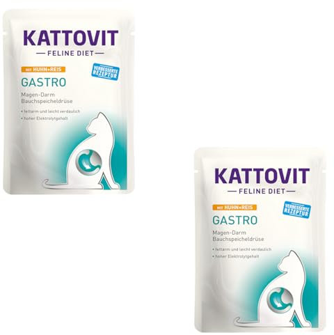 Kattovit Gastro Huhn & Reis | Doppelpack | 2 x 24 x 85 g | Diät-Alleinfuttermittel für ausgewachsene Katzen | Zum Ausgleich bei Verdauungsproblemen | Fettarm und gut verdaulich