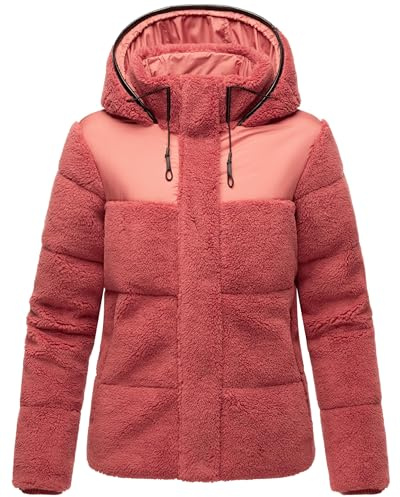 MARIKOO Damen Teddy-Fleecejacke warme Übergangsjacke gesteppte Plüschjacke in angesagtem Materialmix mit Kapuze Kaguraa 16 XS-XXL