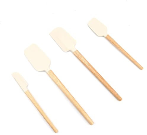 WJUAN 4 Pièces Spatule Silicone, Spatule Patisserie, Spatule Cuisine avec Manche Bois Hêtre, 4 Tailles, Spatule Coudée Patisserie pour Verre, Mixeur, Pâtisserie, Confiture