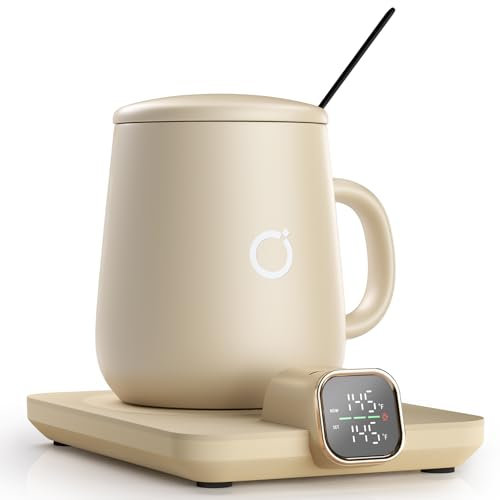 Coffee Mug Warmer & iKago Mug Set, Temperature Control Smart Heated Mug for Desk, Electric Coffee Warmer with Auto Shut Off & Real-Time Temp Display, Gifts for Men Women, 15oz Ceramic Mug