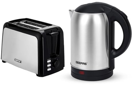 Geepas 2 Slice Bread Toaster & 1.8L Electric Kettle Kitchen Combo Set | 750W Toaster, 7 Level Browning Control, Defrost, Reheat & Cancel Function | 1800W Stainless Steel Cordless Jug Kettle