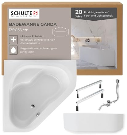 Schulte Badewanne Garda 135x135 Set inkl. Schürze, Fußgestell, Ab- und Überlauf, aus hochwertigem Acryl in Weiß glänzend