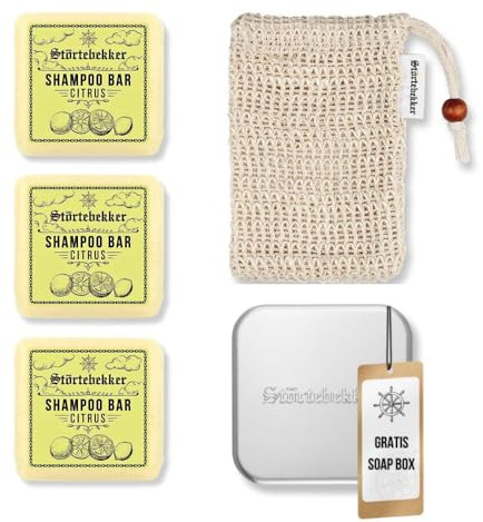 Störtebekker® Premium Duschset - Festes Shampoo Citrus (x3), Sisalsäckchen + GRATIS Seifendose Aluminium - Shampoo Bar Set für Haare, Kopfhaut & Bart - Handgefertigt in Seifenmanufaktur